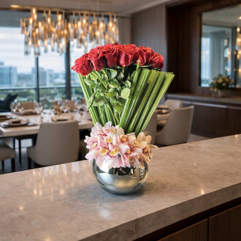 Red Roses And Pink Cymbidium Orchids In Glass Vase (Afv305-1