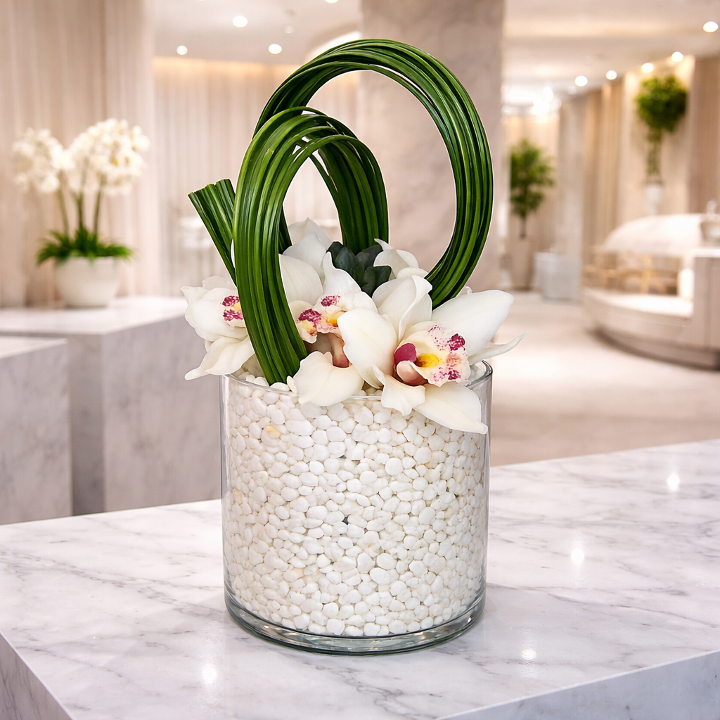 AF 100-23 White Cymbidium Orchids In Glass Vase With Bear Grass Design Floral Arrangement