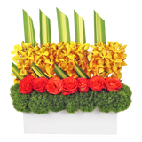 AF 150-14 Yellow Orchid & Red Rose Modern Rectangular Vase Floral Arrangement