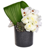 AF 150-21 White Roses And Cymbidium Orchids In Textured Black Vase Floral Arrangement