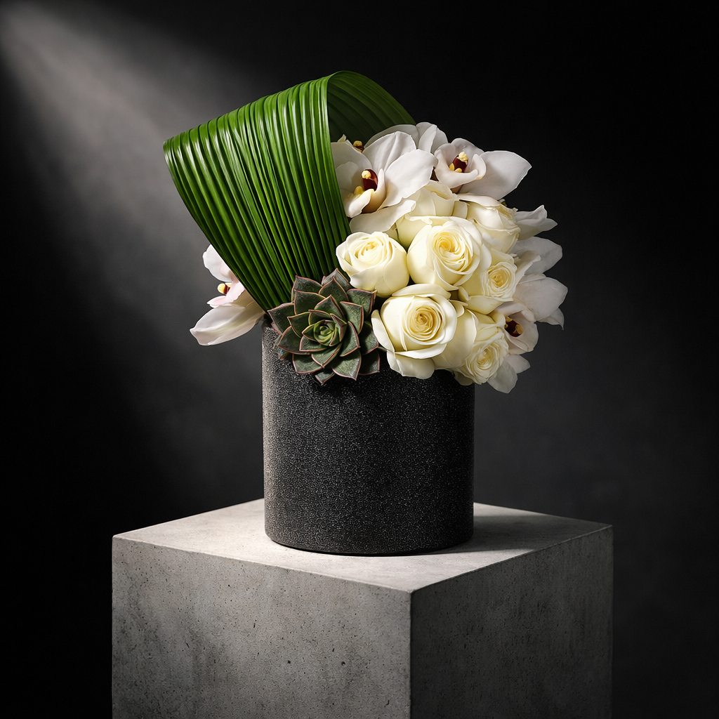 AF 150-21 White Roses And Cymbidium Orchids In Textured Black Vase Floral Arrangement