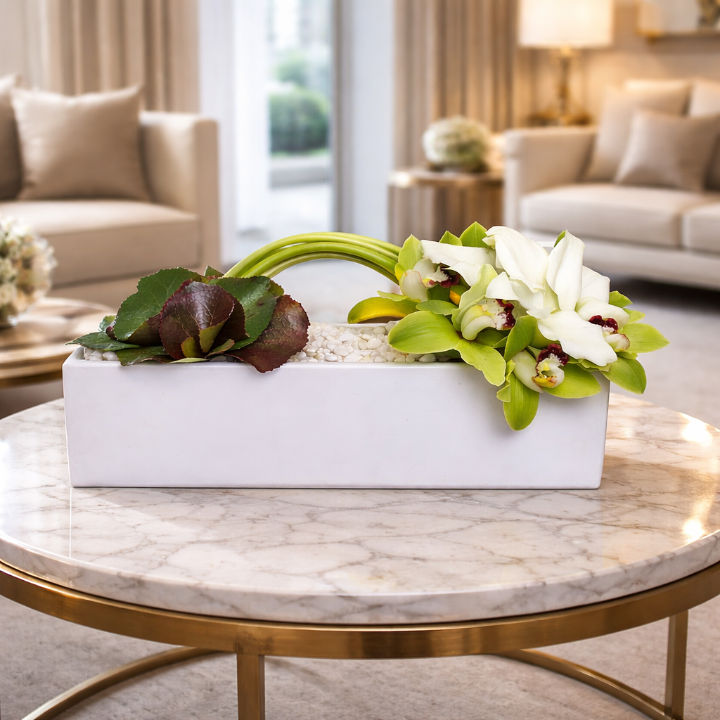 AF 150-22 White Cymbidium Orchid Modern Rectangular Vase Floral Arrangement