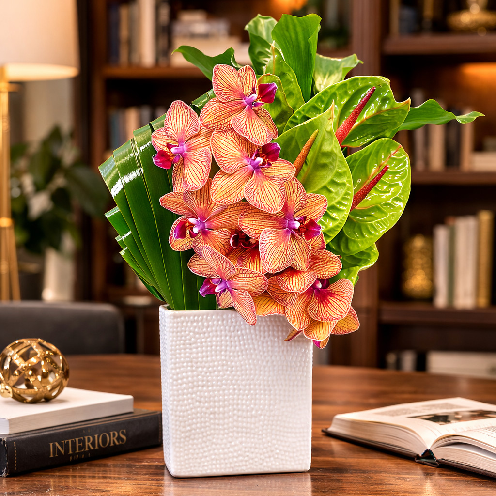 AF 150-26 Tropical Orchids & Green Anthuriums In White Textured Vase Floral Arrangement