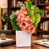 AF 150-26 Tropical Orchids & Green Anthuriums In White Textured Vase Floral Arrangement