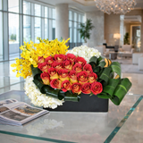 AF 150-6 Sunset Roses & Yellow Orchids Modern Black Vase Floral Arrangement