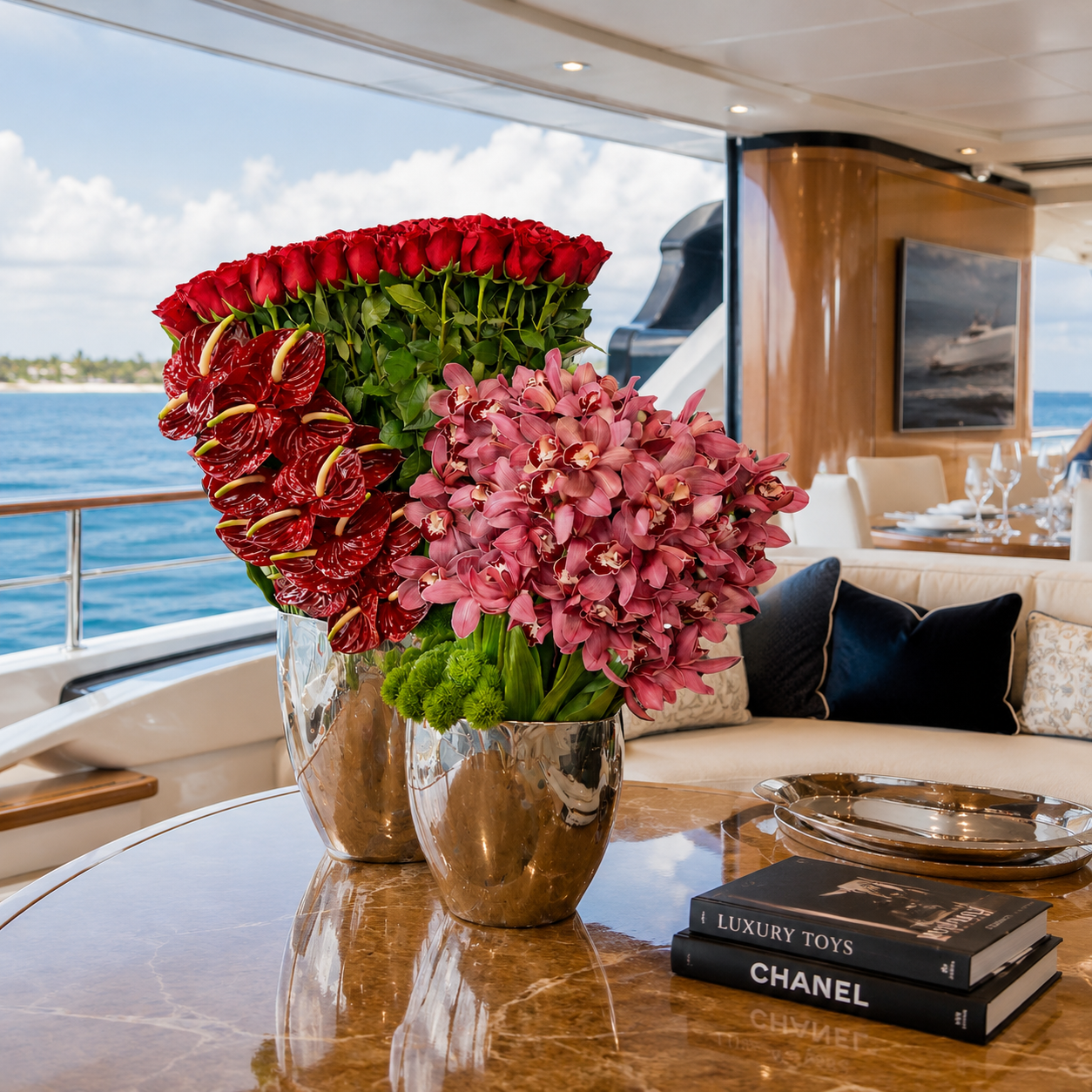 AF 1750-1 Red Roses & Pink Cymbidium Orchids in Gold Vase – Delivery Miami Same Day