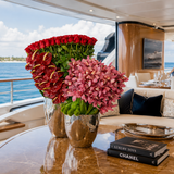 AF 1750-1 Red Roses & Pink Cymbidium Orchids in Gold Vase – Delivery Miami Same Day