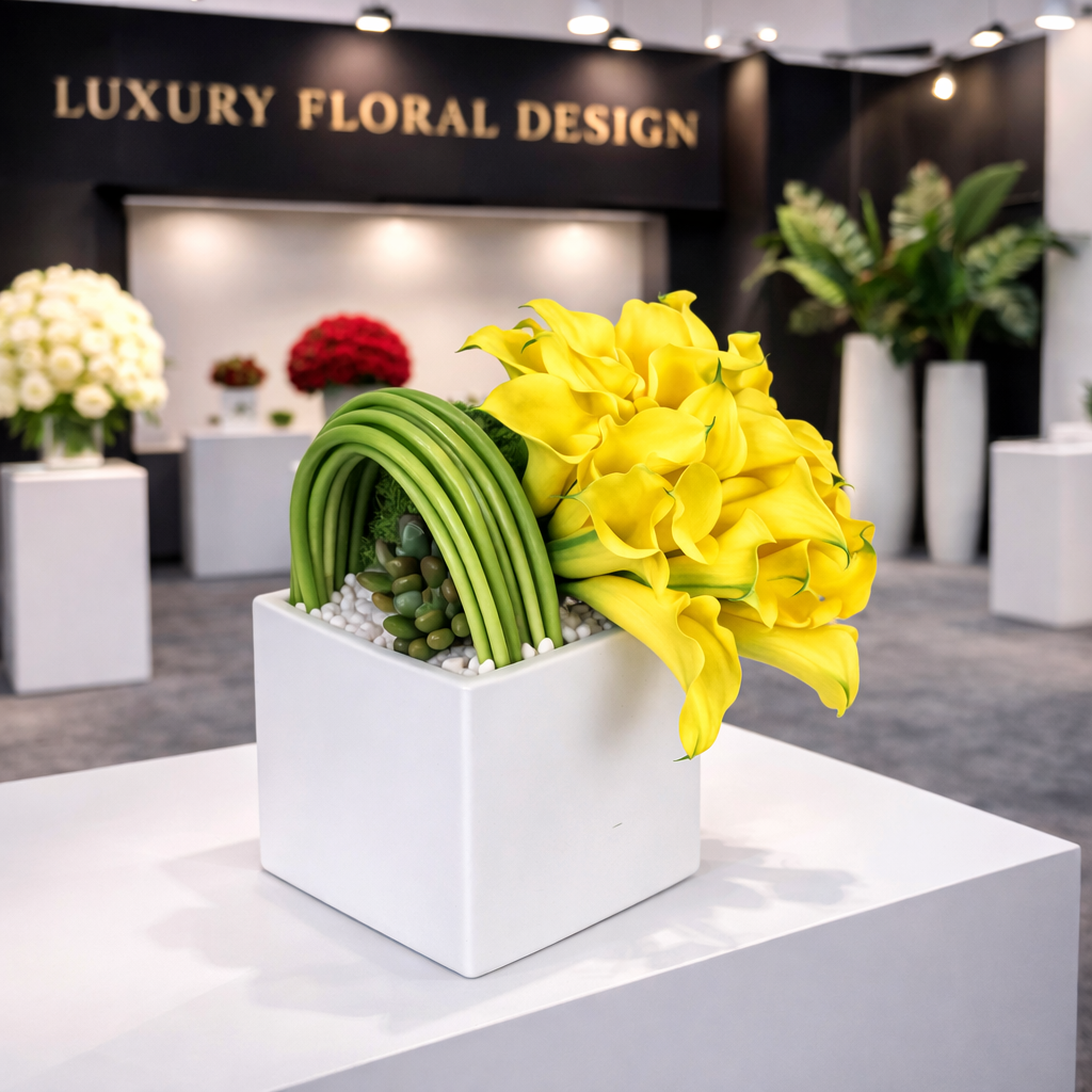 AF 200-15 Yellow Calla Lilies In Modern White Ceramic Cube Vase Floral Arrangement