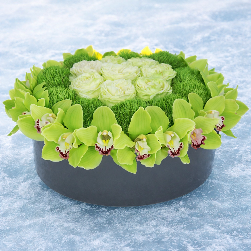 AF 200-9 Green Cymbidium Orchid & Cream Rose Round Ceramic Bowl Arrangement