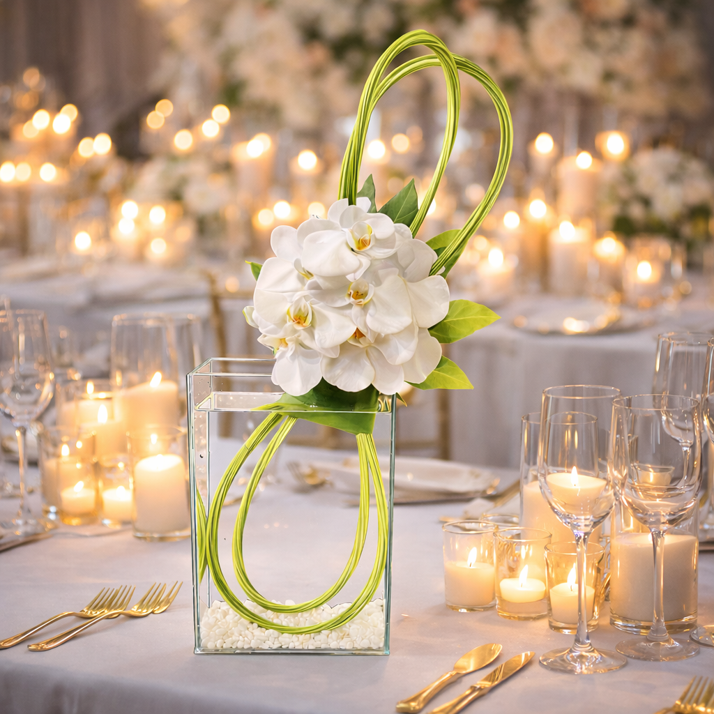 AF 220-1 White Phalaenopsis Orchid Modern Loop Flower Arrangement in Clear Glass Vase