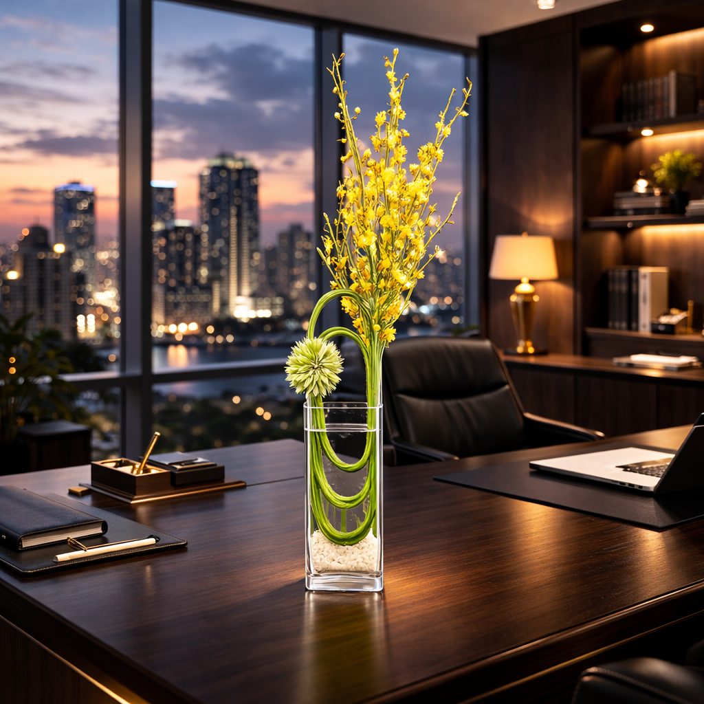 AF 225-1 Yellow Oncidium Orchid Modern Vertical Flower Arrangement in Clear Glass Vase