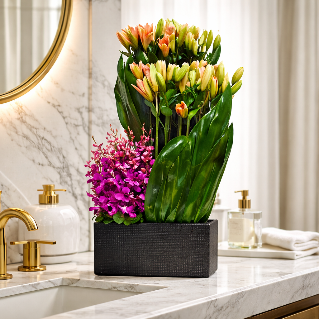 AF 250-10 Peach Lily And Purple Orchid Modern Floral Arrangement In Black Vase