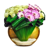 AF 250-11 Pink Phalaenopsis Orchids And White Roses In Gold Glass Vase Floral Arrangement
