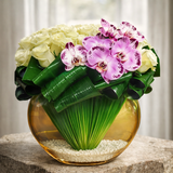 AF 250-11 Pink Phalaenopsis Orchids And White Roses In Gold Glass Vase Floral Arrangement