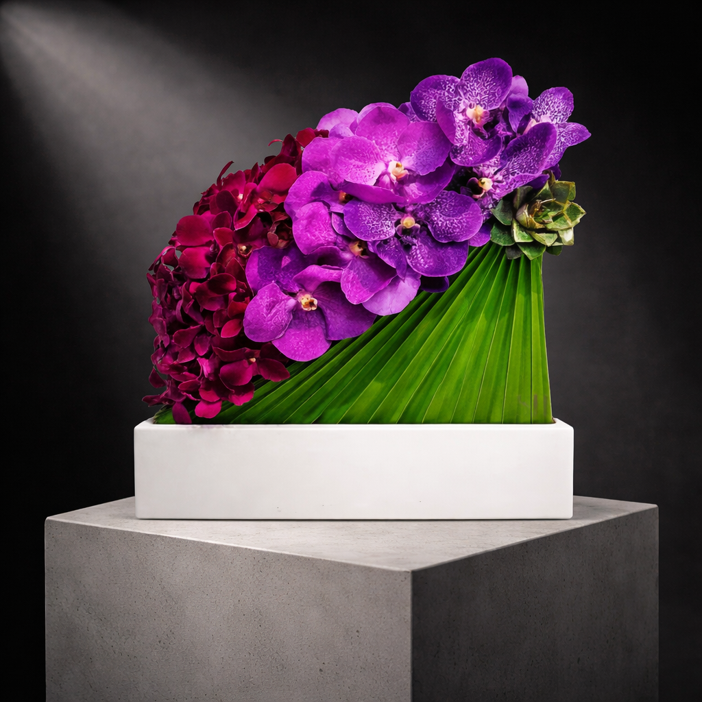 AF 250-12 Purple Vanda Orchid And Hydrangea In White Rectangular Vase Floral Arrangement