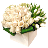 AF 250-13 White Roses & Tulips In Modern White Ceramic Vase Floral Arrangement w/ Same Day Flower Delivery, Miami