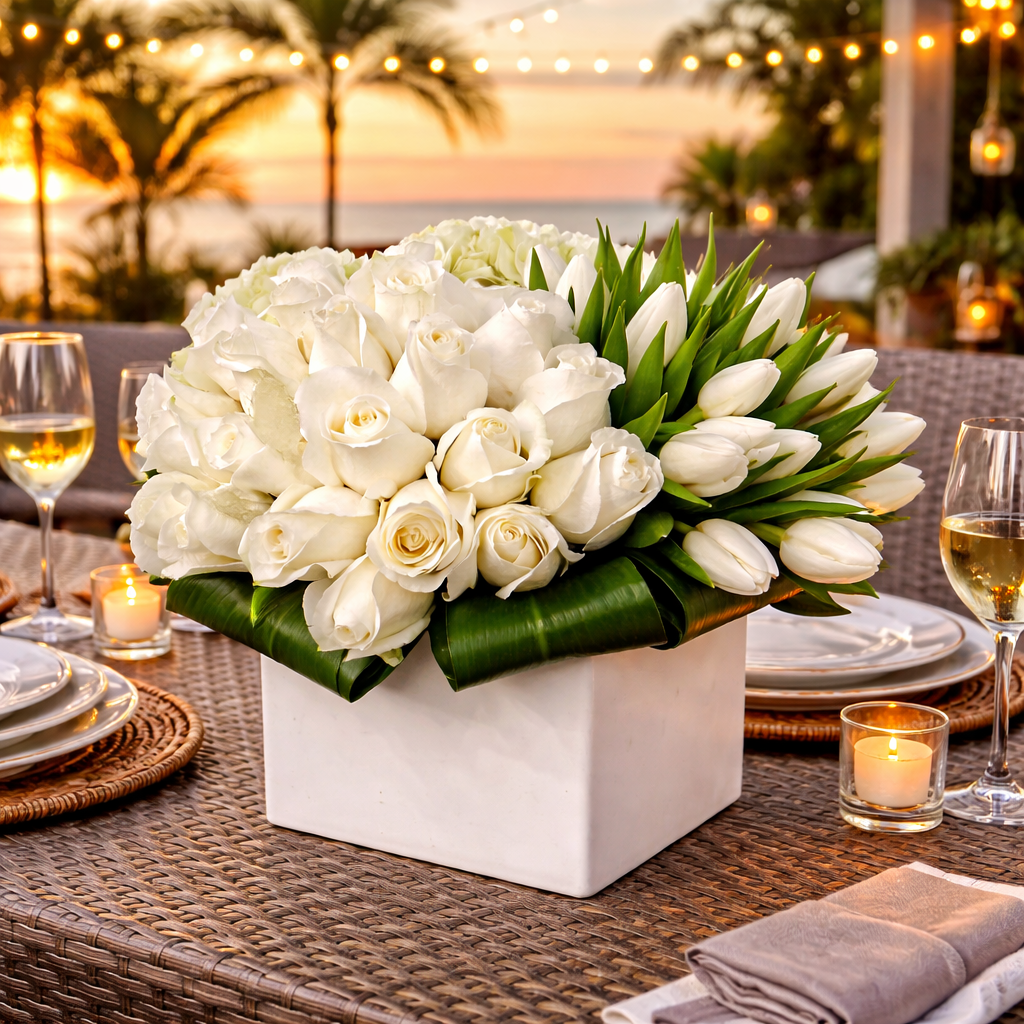 AF 250-13 White Roses & Tulips In Modern White Ceramic Vase Floral Arrangement w/ Same Day Flower Delivery, Miami
