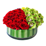 AF 250-6 Red Roses & Green Orchids Round Glass Vase Floral Arrangement