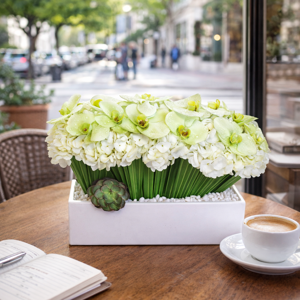 AF 300-7 Green Orchids & White Hydrangeas In Modern White Rectangular Vase