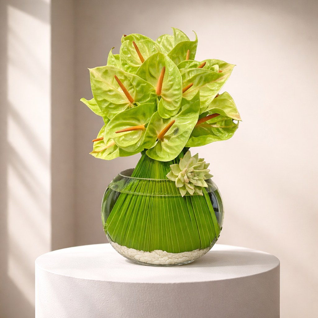 AF 320-1 Green Anthurium Floral Arrangement w/ Same Day Flower Delivery, Miami