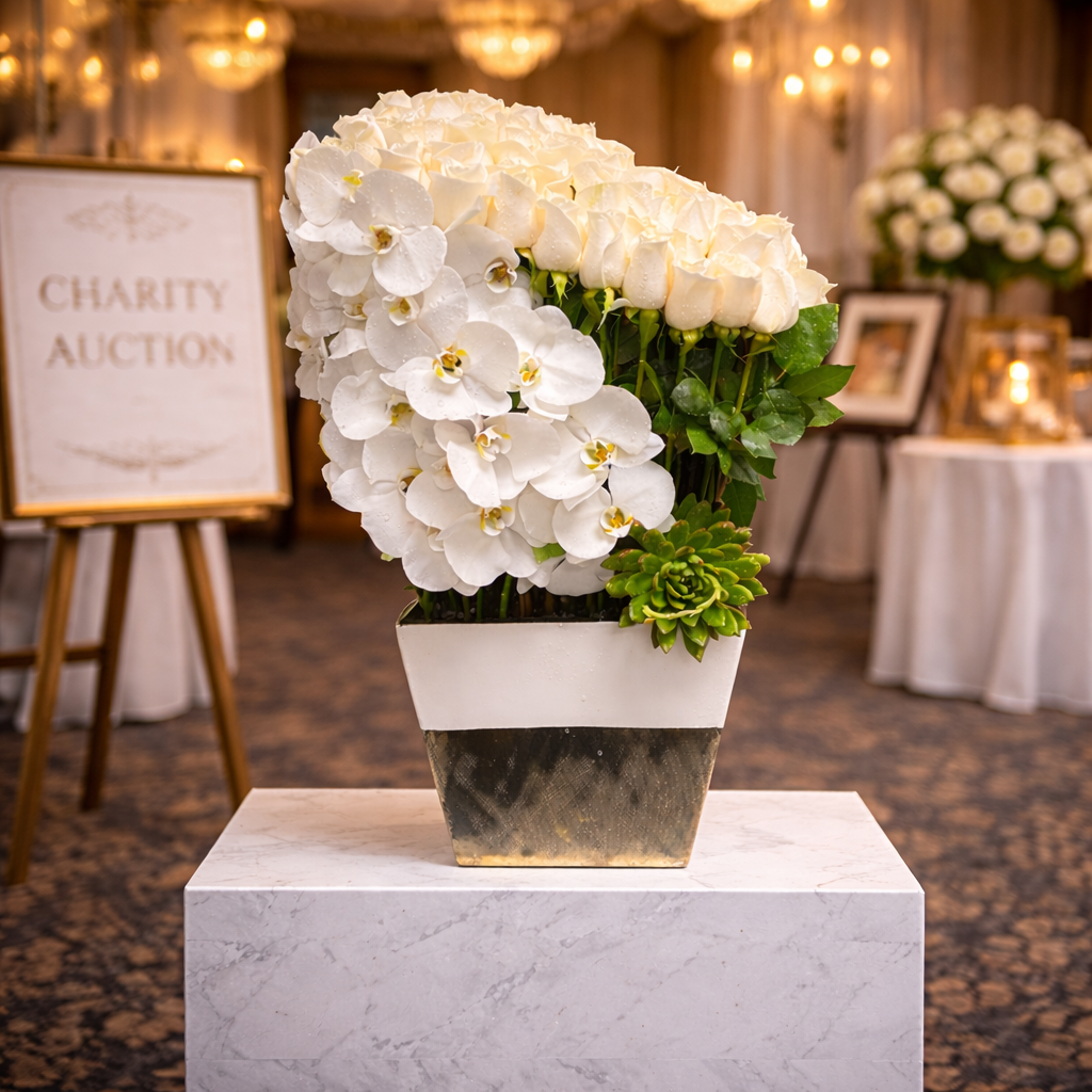 AF 400-6 White Orchids & Ivory Roses Vase – Same Day Flower Delivery Miami