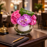AFM 100-3 Pink Rose & Orchid Glass Bowl Floral Arrangement