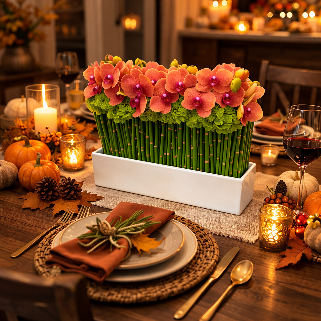 AFM175-1 Coral Orchid & Hydrangea Modern Bamboo Vase Floral Arrangement