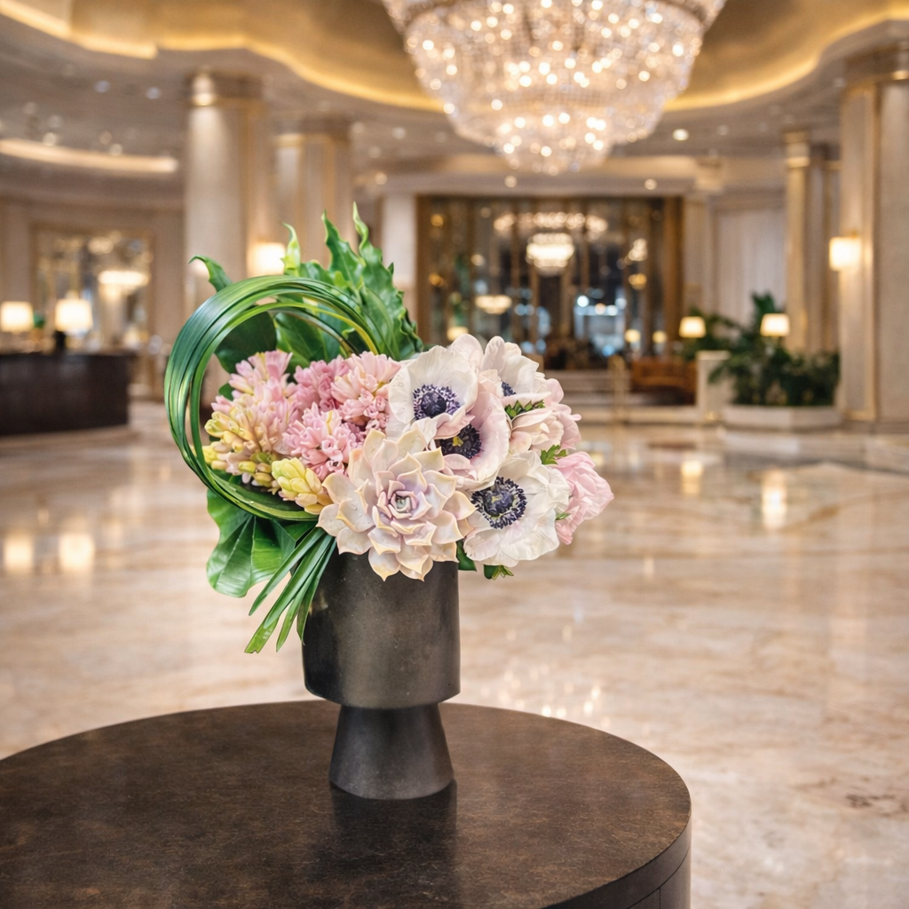 AFM 185-3 Blush Anemone & Succulent Pedestal Vase Flower Arrangement w/ Same Day Flower Delivery, Miami