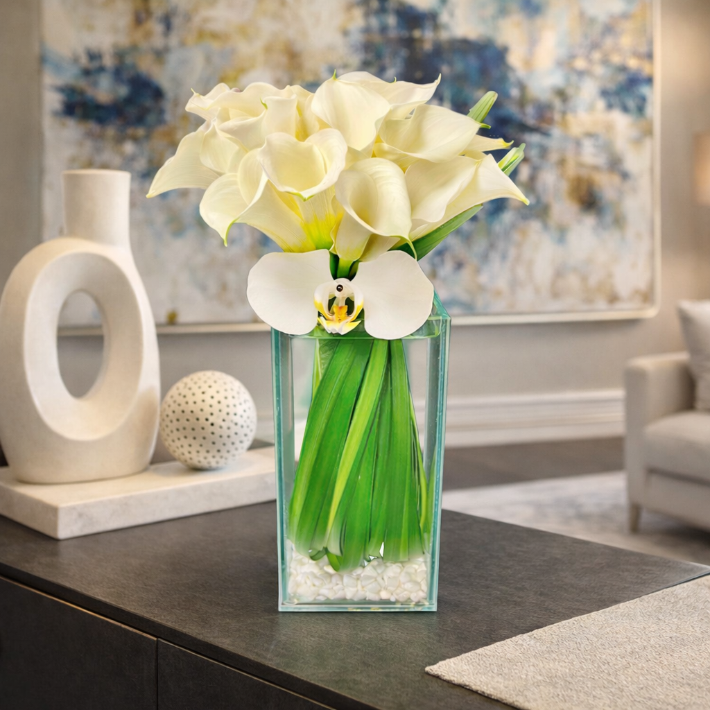 AFM 220-1 White Calla Lily & Orchid Glass Vase Floral Arrangement