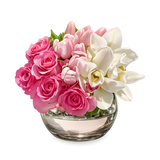 AFM 75-1 Pink Roses, Tulips & White Cymbidium Orchid Glass Vase Floral Arrangement
