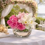 AFM 75-1 Pink Roses, Tulips & White Cymbidium Orchid Glass Vase Floral Arrangement