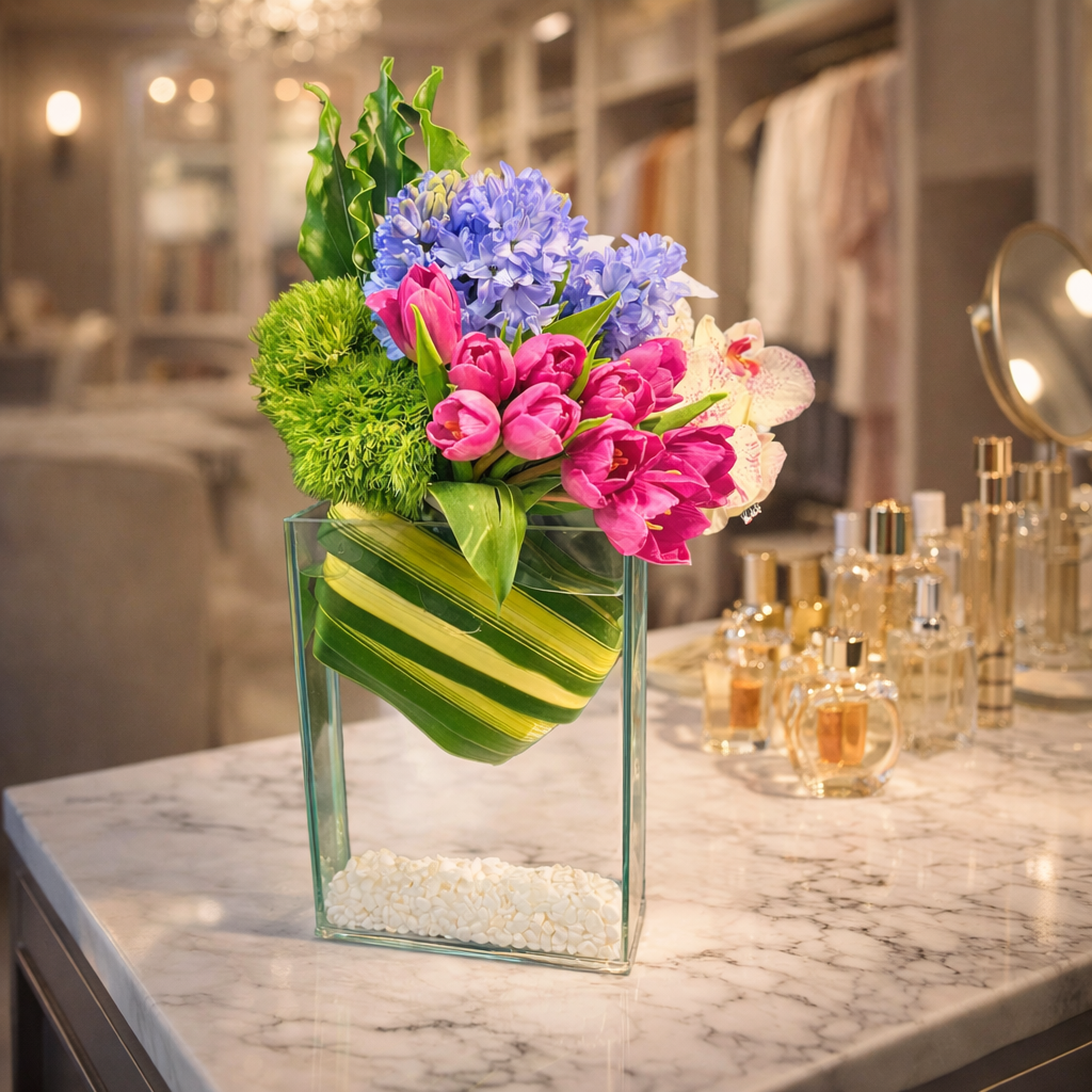 AFM 200-1 Vibrant Tulip & Hyacinth in Glass Stand Floral Arrangement