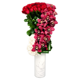 AFV 225-2 Red Roses & Burgundy Orchids in White Marble Vase Floral Arrangement