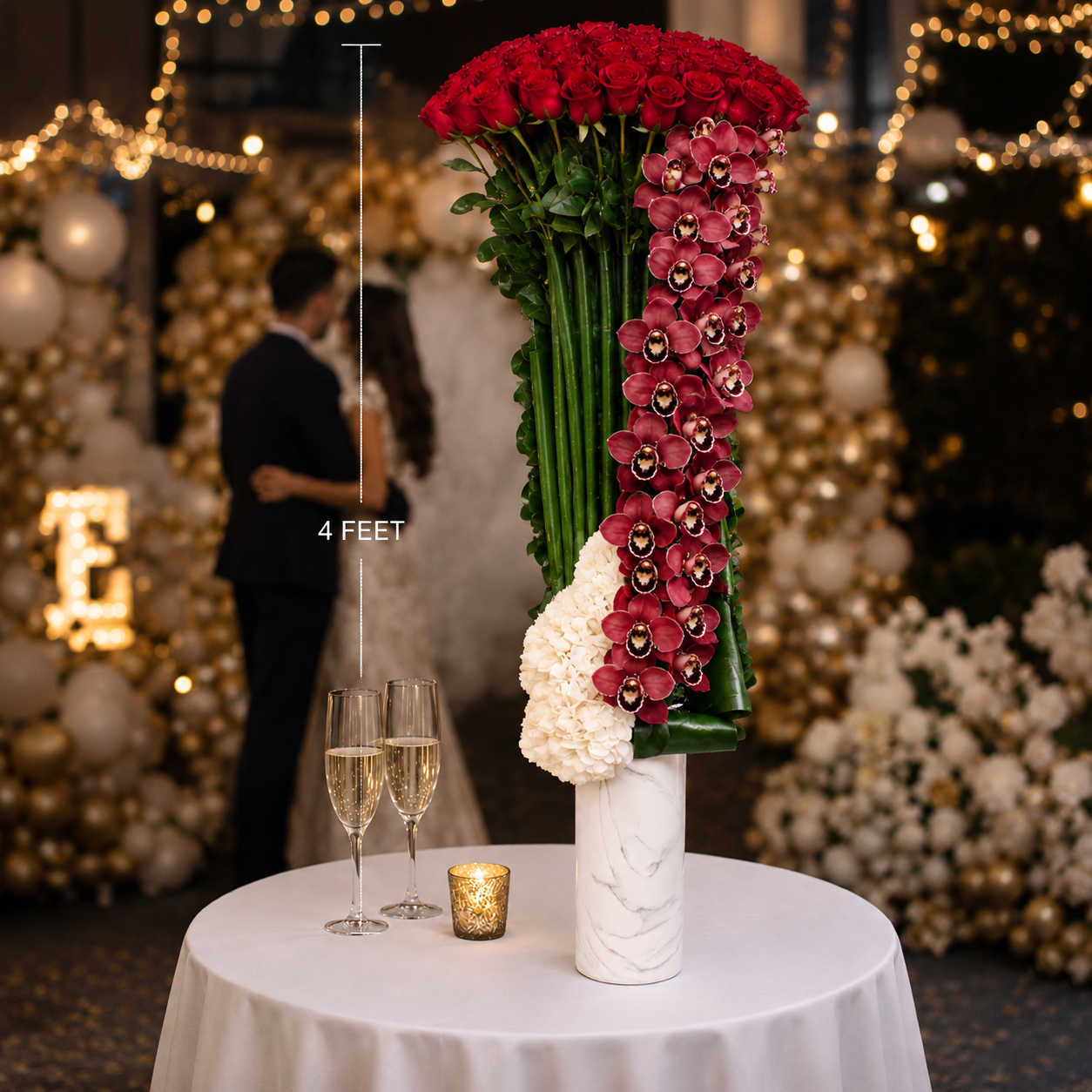 AFV 225-2 Red Roses & Burgundy Orchids in White Marble Vase Floral Arrangement