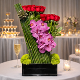 AFV 250-1 Red Roses And Orchid Bamboo Modern Black Vase Floral Arrangement