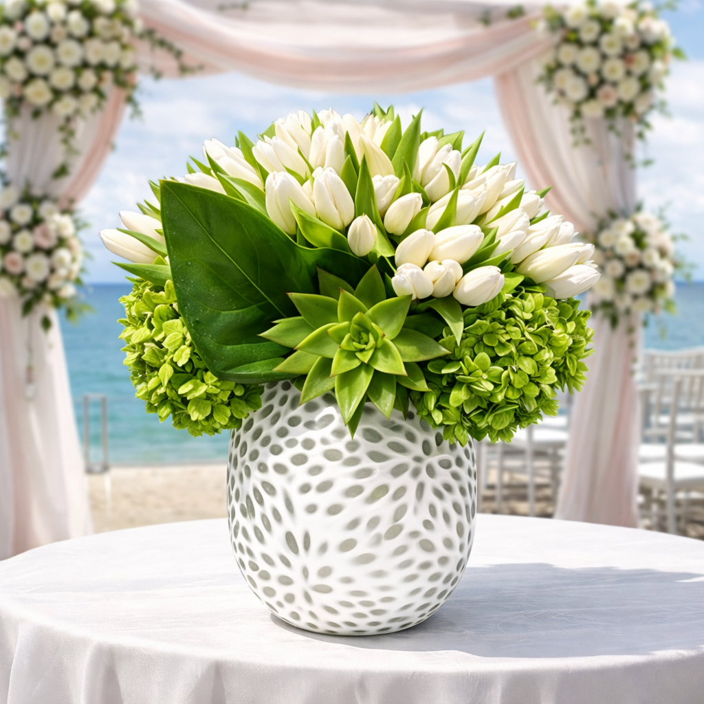 AFV 265-1 White Tulip And Green Hydrangea Ceramic Vase Floral Arrangement