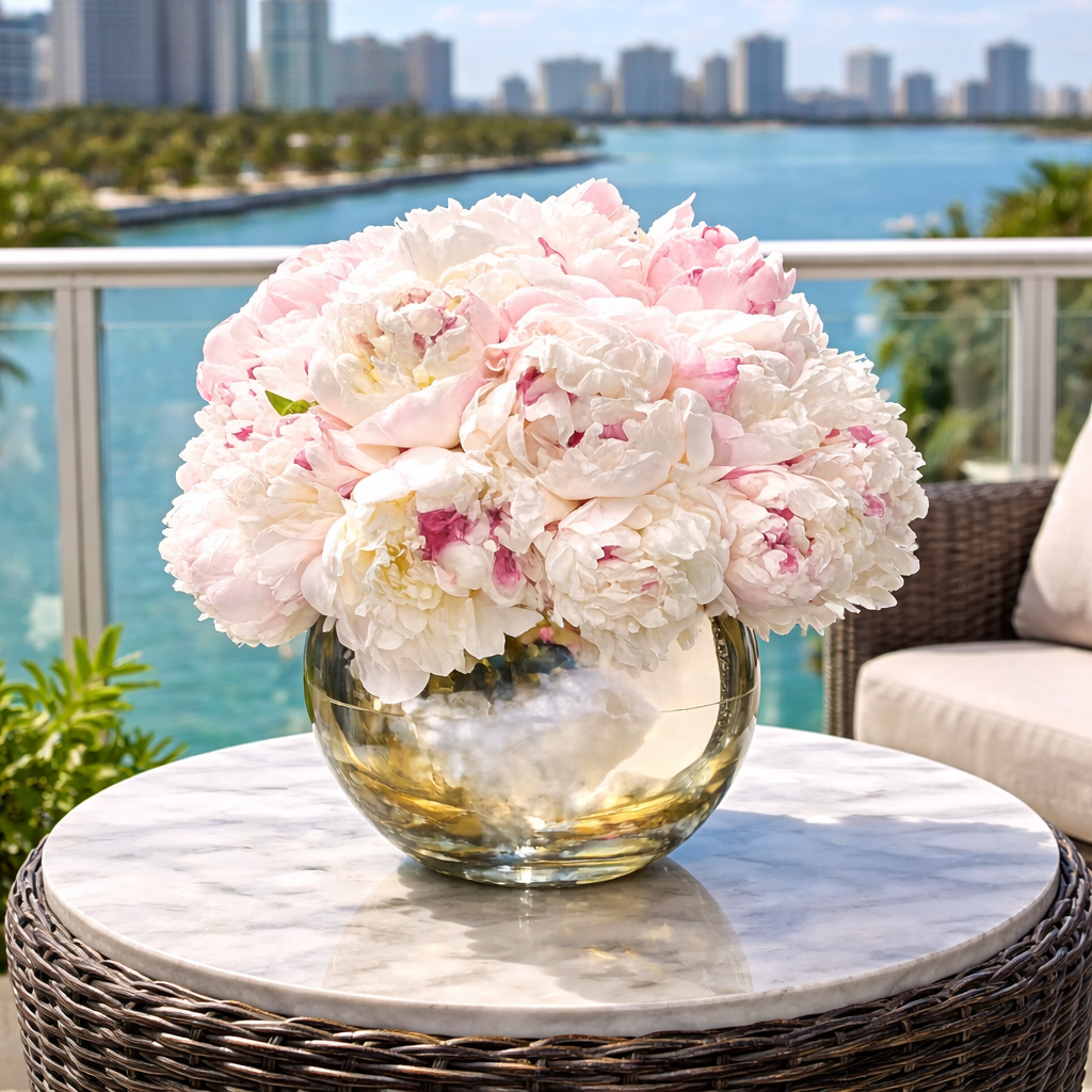 AFV 265-2 Blush Peony Bouquet In Gold Glass Bowl Vase