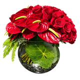 AFV 280-1 Red Roses And Anthurium Glass Bowl Vase Floral Arrangement