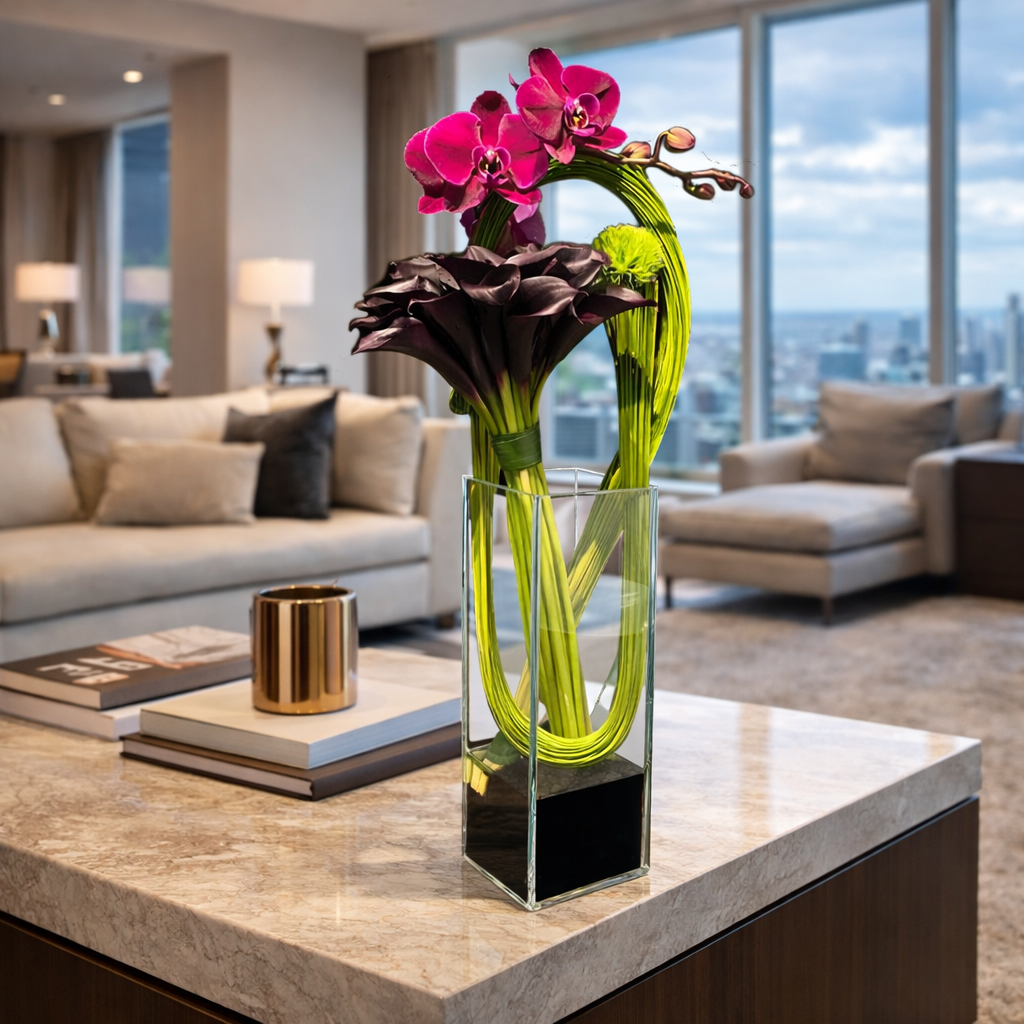 AFV 300-1  Modern Orchid And Calla Lily Glass Vase Floral  Arrangement - Delivery Miami Same Day