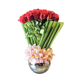 AFV 305-1 Red Roses And Pink Cymbidium Orchids In Glass Vase Floral Arrangement