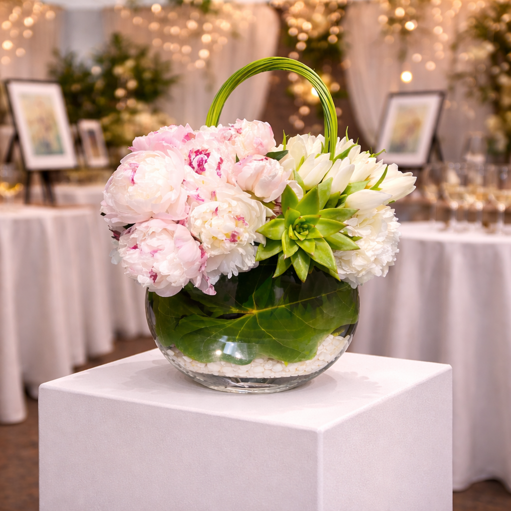 AFV 315-2 Peony, White Tulip & Succulent Floral Arrangement Delivery Miami Same Day