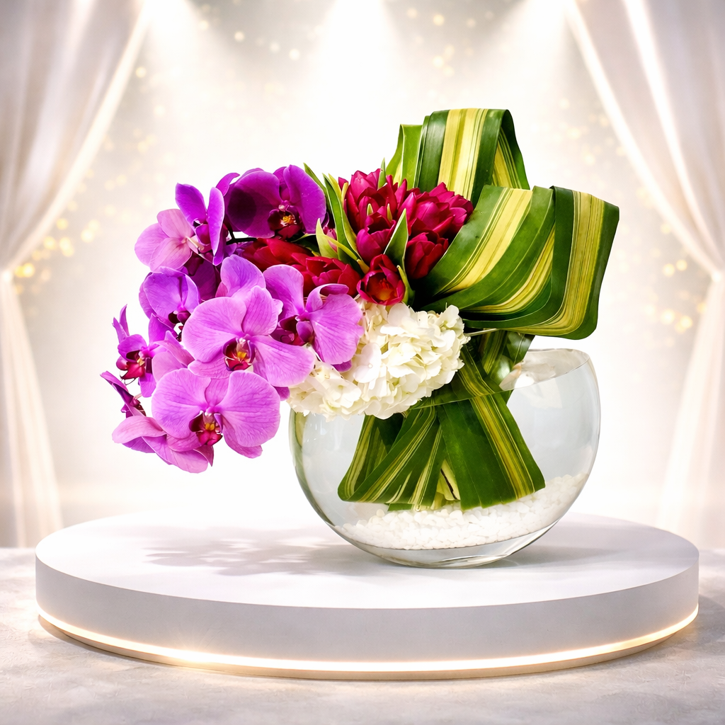 AF 150-25 Purple Orchids & Red Tulips In Glass Bowl Vase Floral Arrangement