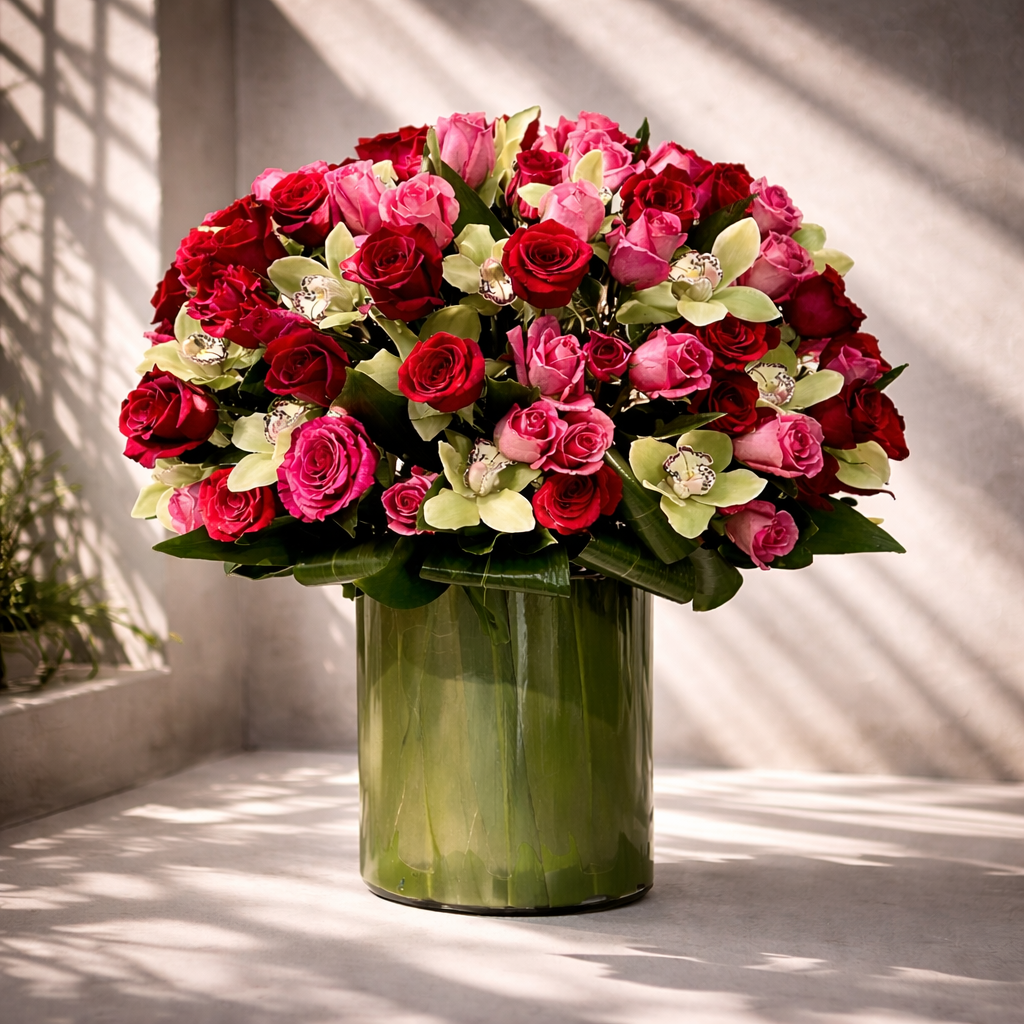 AF 650-3 Luxury Red & Pink Roses with Cymbidium Orchids – Same Day Delivery Miami