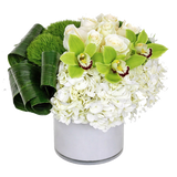 AF 75-4 White Hydrangea & Green Cymbidium Orchid Cylinder Vase Floral Arrangement