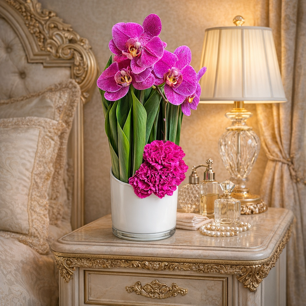 AFS 100-1 Vibrant Magenta Orchids And Pink Carnations In White Vase Floral Arrangement