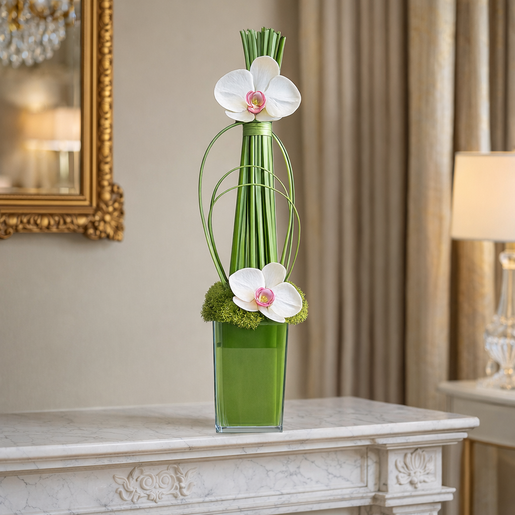 AFS 100-3 Modern White Orchids In Tall Green Glass Vase Floral Arrangement