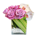 AFS 100-4 Pink Roses And White Orchids In Modern Glass Vase Floral Arrangement
