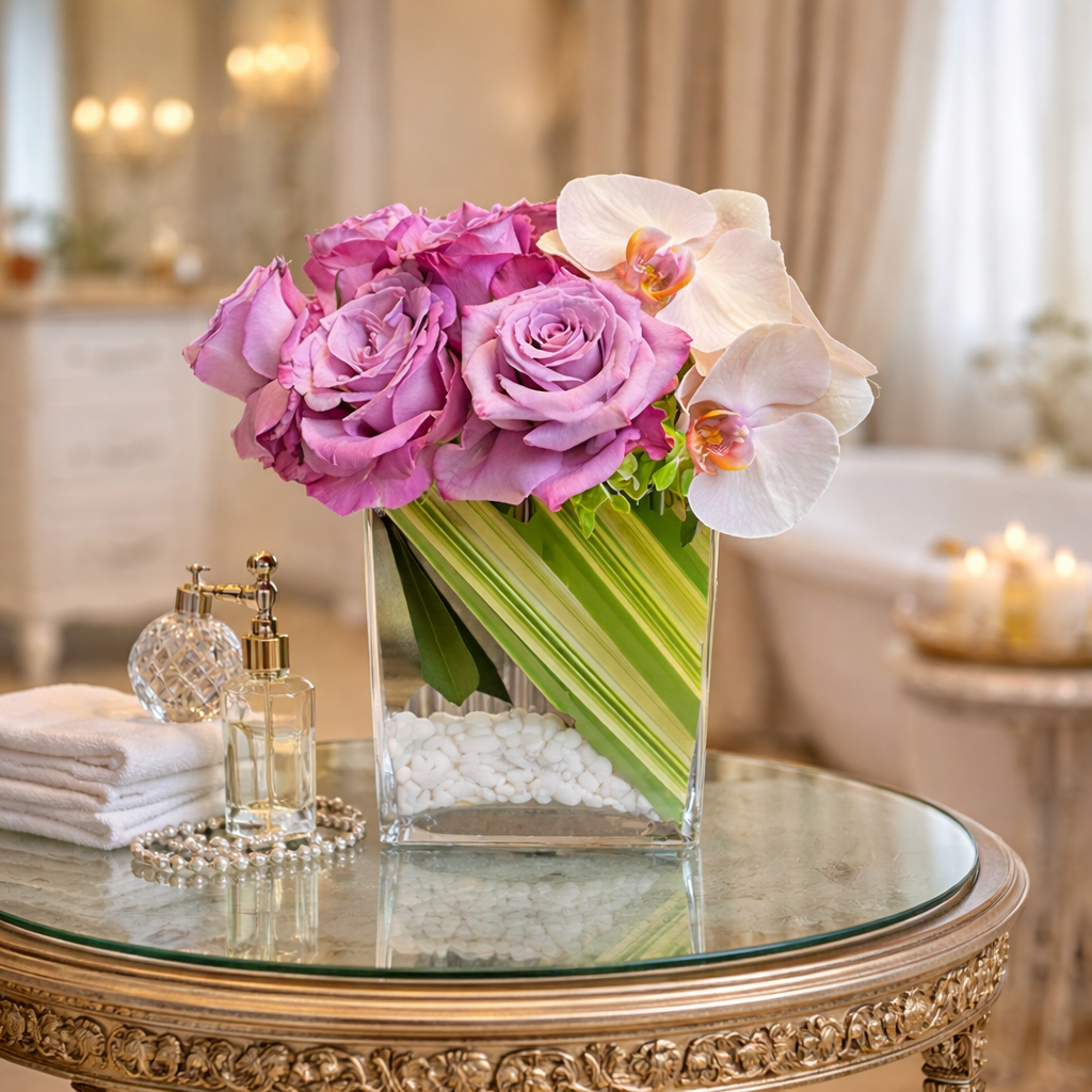 AFS 100-4 Pink Roses And White Orchids In Modern Glass Vase Floral Arrangement