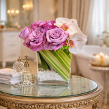 AFS 100-4 Pink Roses And White Orchids In Modern Glass Vase Floral Arrangement