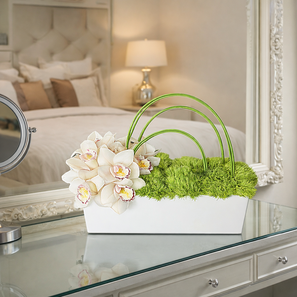 AFS 200-2 White Orchid And Green Moss Modern Floral Arrangement In White Rectangular Planter